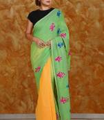 Light Green And Yellow Half Half Khadi Cotton Saree With Embroidery Work