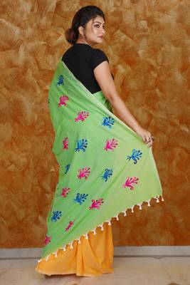 Light Green And Yellow Half Half Khadi Cotton Saree With Embroidery Work 2