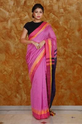 Candy Pink Blended Cotton Saree With Multi Color Border And Berry Blue Pallu 1