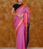 Candy Pink Blended Cotton Saree With Multi Color Border And Berry Blue Pallu