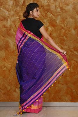 Candy Pink Blended Cotton Saree With Multi Color Border And Berry Blue Pallu 2