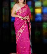 Magenta Saree With Peacock Motif Weaved Border & Navy Blue Pallu