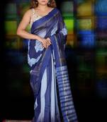 Light Sky Blue And Navy Blue Ikkat Weaving Blended Cotton Saree With Zari Pallu