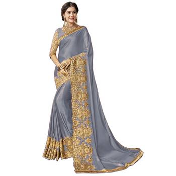 Grey embroidered silk blend saree with blouse 1