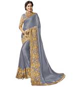 Grey embroidered silk blend saree with blouse