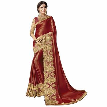 Maroon embroidered silk blend saree with blouse 1