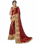 Maroon embroidered silk blend saree with blouse