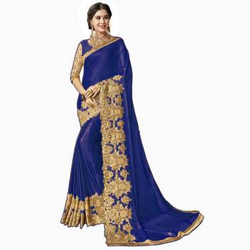 Blue embroidered silk blend saree with blouse 1