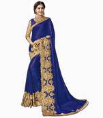Blue embroidered silk blend saree with blouse
