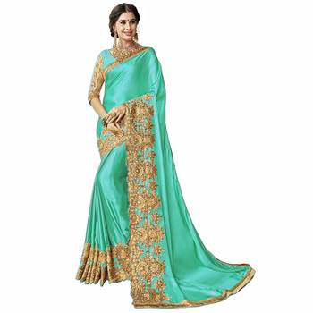 Cyan embroidered silk blend saree with blouse 1