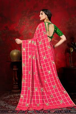 Dark hot pink woven silk blend saree with blouse 3