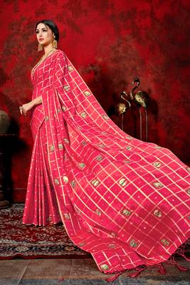 Dark hot pink woven silk blend saree with blouse 4