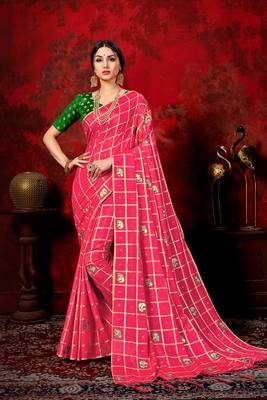 Dark hot pink woven silk blend saree with blouse 5