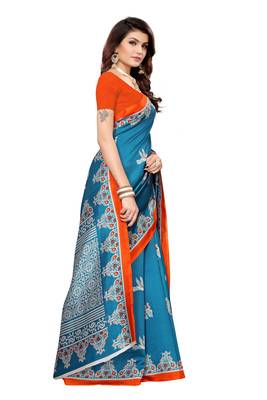 Green printed banarasi silk saree with blouse 2