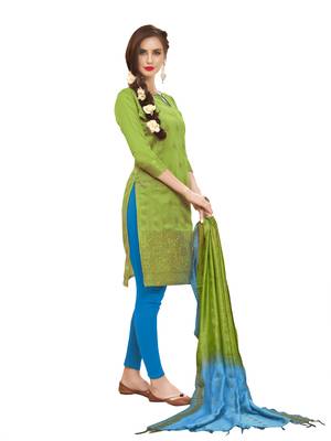 Parrot-green woven banarasi unstitched salwar with dupatta 3