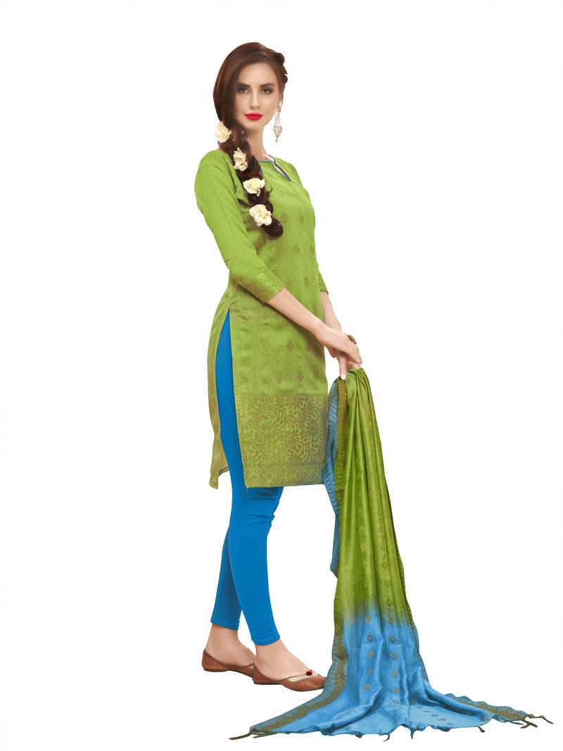 Parrot-green woven banarasi unstitched salwar with dupatta