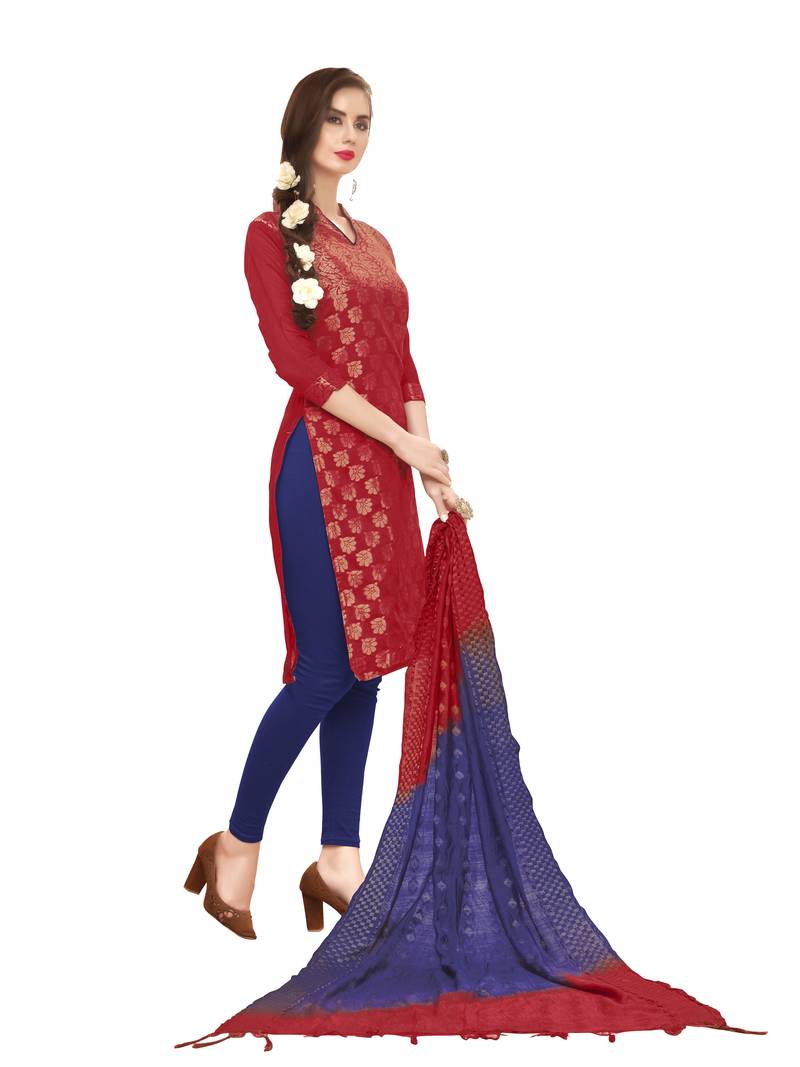 Maroon woven banarasi unstitched salwar with dupatta