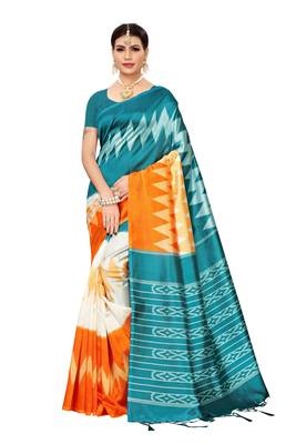 Green printed banarasi silk saree with blouse 1