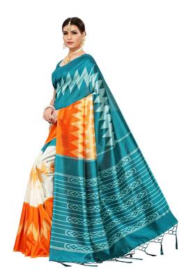 Green printed banarasi silk saree with blouse 2