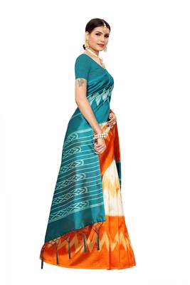 Green printed banarasi silk saree with blouse 3