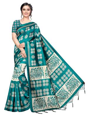 Green printed banarasi silk saree with blouse 1