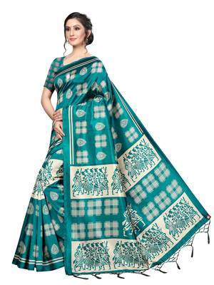 Green printed banarasi silk saree with blouse 3