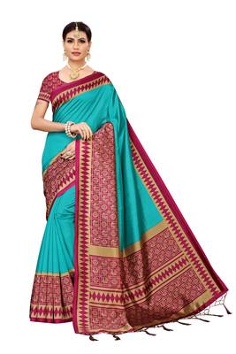 Green printed banarasi silk saree with blouse 1