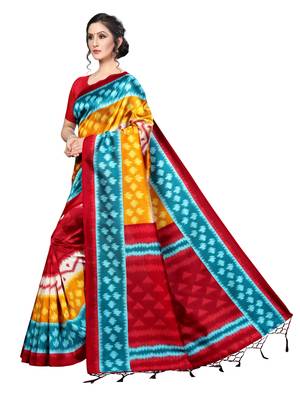 Multicolor printed banarasi silk saree with blouse 3