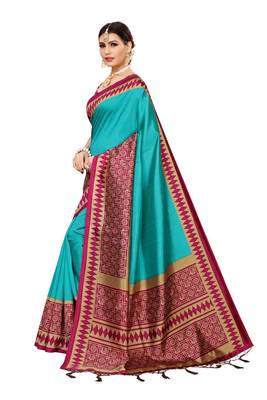 Green printed banarasi silk saree with blouse 2