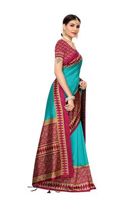 Green printed banarasi silk saree with blouse 3
