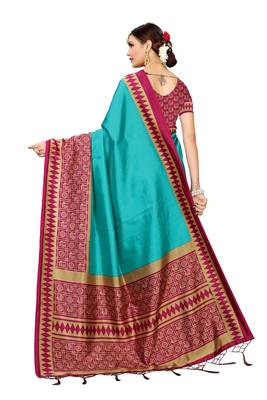 Green printed banarasi silk saree with blouse 4