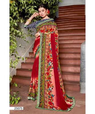 red printed georgette saree with blouse 1