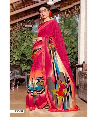 pink printed georgette saree with blouse 1