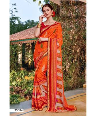 orange printed georgette saree with blouse 1