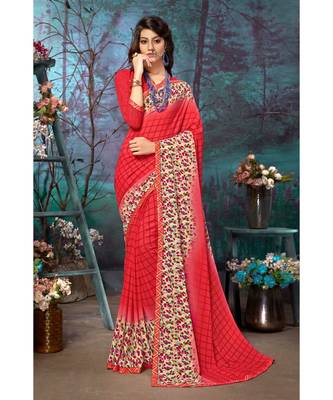 pink printed georgette saree with blouse 1