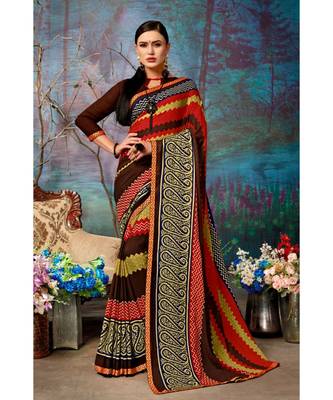 brown printed georgette saree with blouse 1