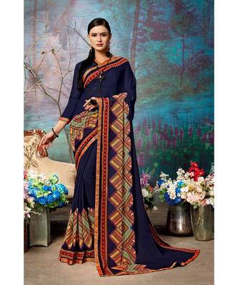 blue printed georgette saree with blouse 1