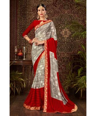 red printed georgette saree with blouse 1