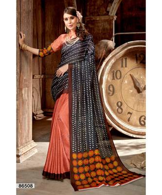 peach printed jute_cotton saree with blouse 1