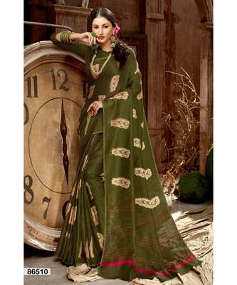 green printed jute_cotton saree with blouse 1
