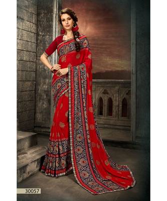red printed georgette saree with blouse 1
