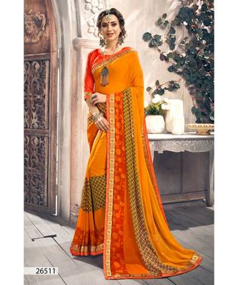 Yellow Printed Georgette Saree With Blouse 1
