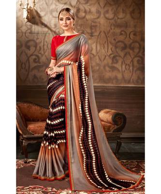 brown printed chiffon saree with blouse 1