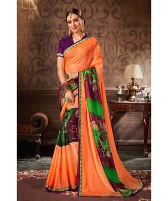orange printed chiffon saree with blouse 1