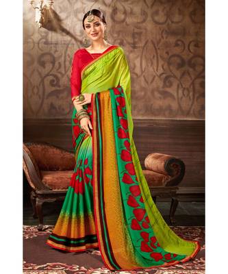 green printed chiffon saree with blouse 1