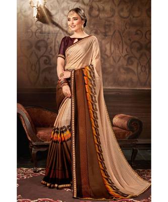 brown printed chiffon saree with blouse 1