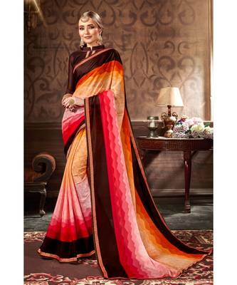 brown printed chiffon saree with blouse 1