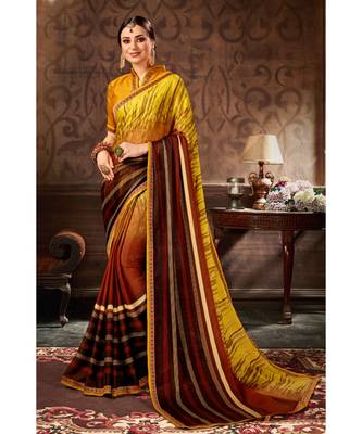 yellow printed chiffon saree with blouse 1