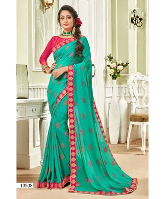 Green Printed Georgette Saree With Blouse 1