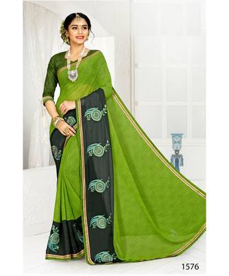 Green Printed Georgette Saree With Blouse 1